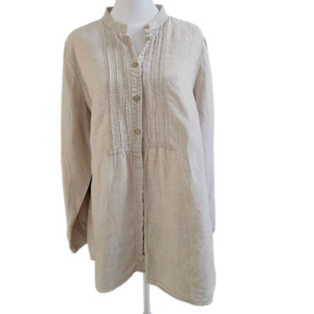 L.L. Bean Natural Beige Linen Lagenlook Pintuck Peasant Button Tunic Top XL